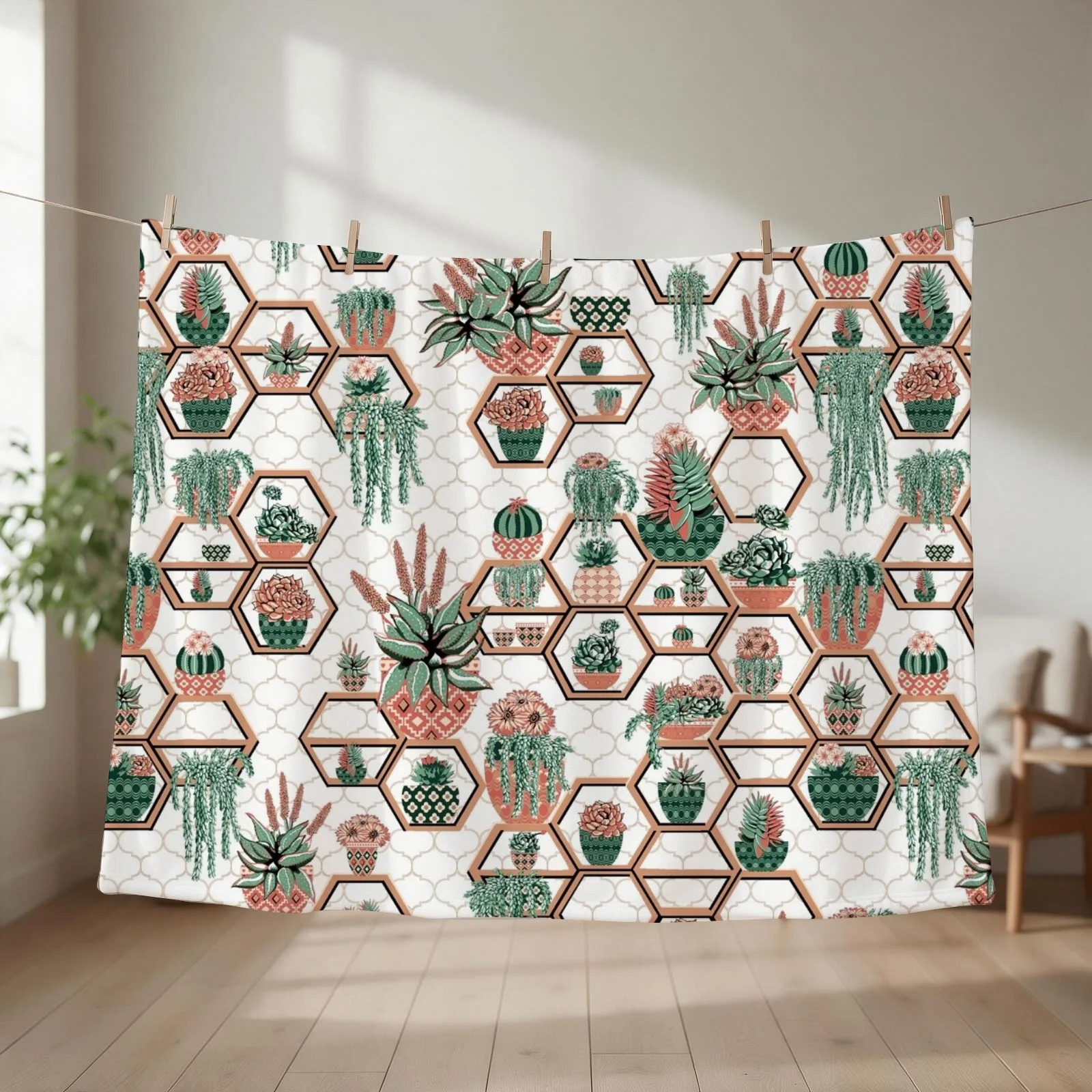 Cacti and Succulent Hexagon Moroccan Garden Throw Blanket Blankets For Sofas Cute Plaid heavy to sleep Soft Beds Blankets