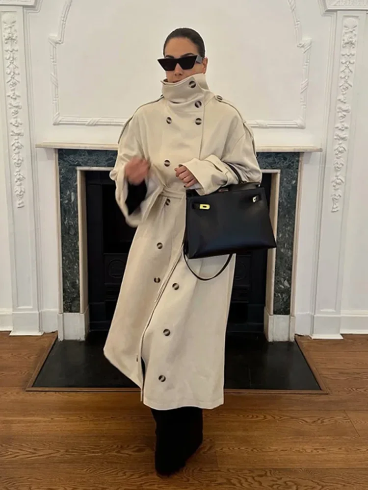 

Office Lady Autumn Winter Solid Slim Outerwear Women's Trench Coat Double Breasted Stand Collar Epaulet Lace Up Long Windbreaker