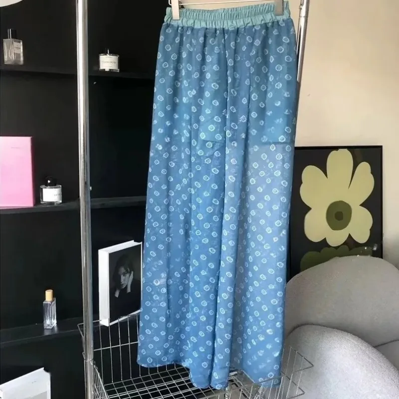 Korean Ditsy Print Wide Leg Pants Elastic High Waist Loose Comfort Casual Trousers For Women