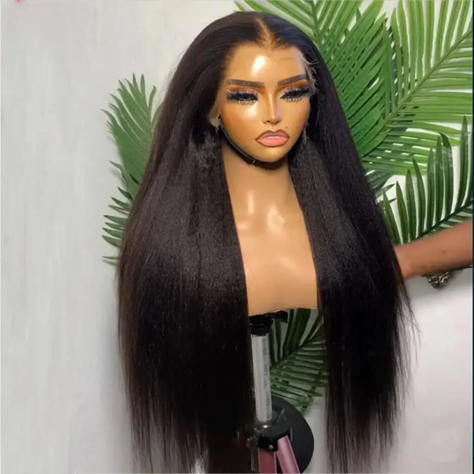 Natural Black 180Density 26“Yaki Kinky Straight Soft Glueless  Lace Front Wig For Women With Baby Hair Preplucked Heat Resistant