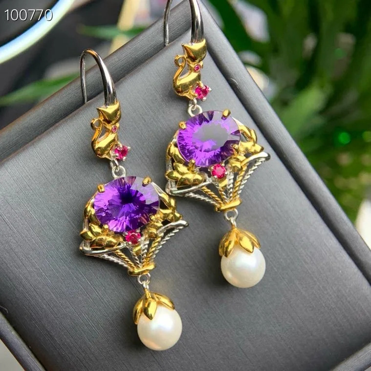 Natural Amethyst Earrings, 925 Silver Two-Tone Finish Vintage Handmade, Crystal Jewelry Gift for Women