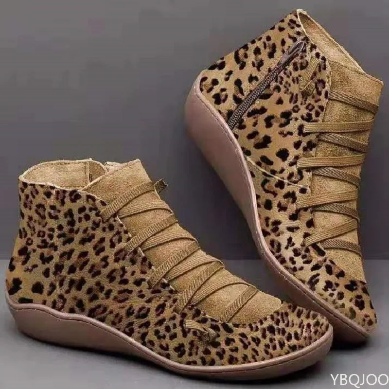 New Brand Women's Ankle Boots 2022 Casual Women Winter Boots Leopard Print Wedges Flat Booties Warm Women's Shoes Botas De Mujer