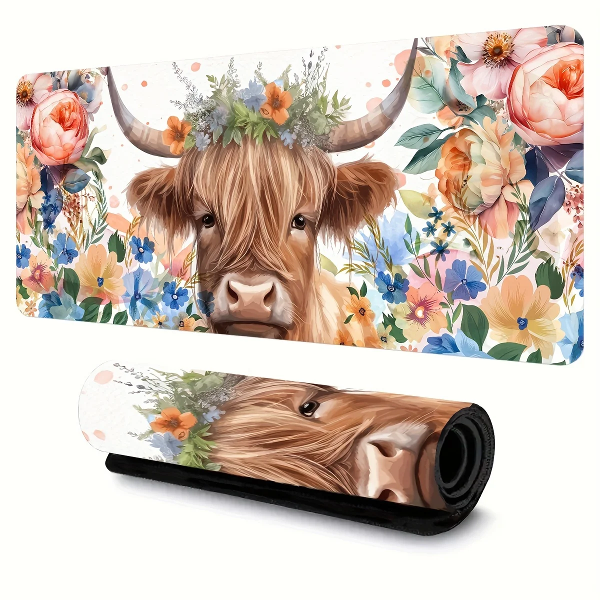 Large Games Mouse pad Highland Cow Floral Extended mouse pad with non-slip rubber for gamers office durable desk pad accessories