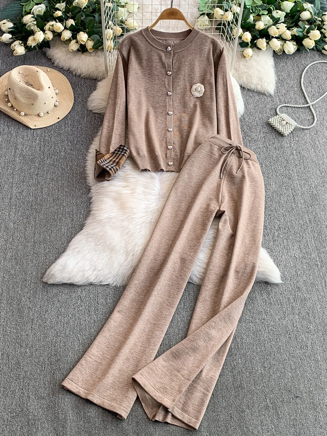 

Autumn Winter Casual Tea Rose Long Sve Knitted Patchwork Jaet High Waist Straight Leg Pants Set Women's Faion Ensemble