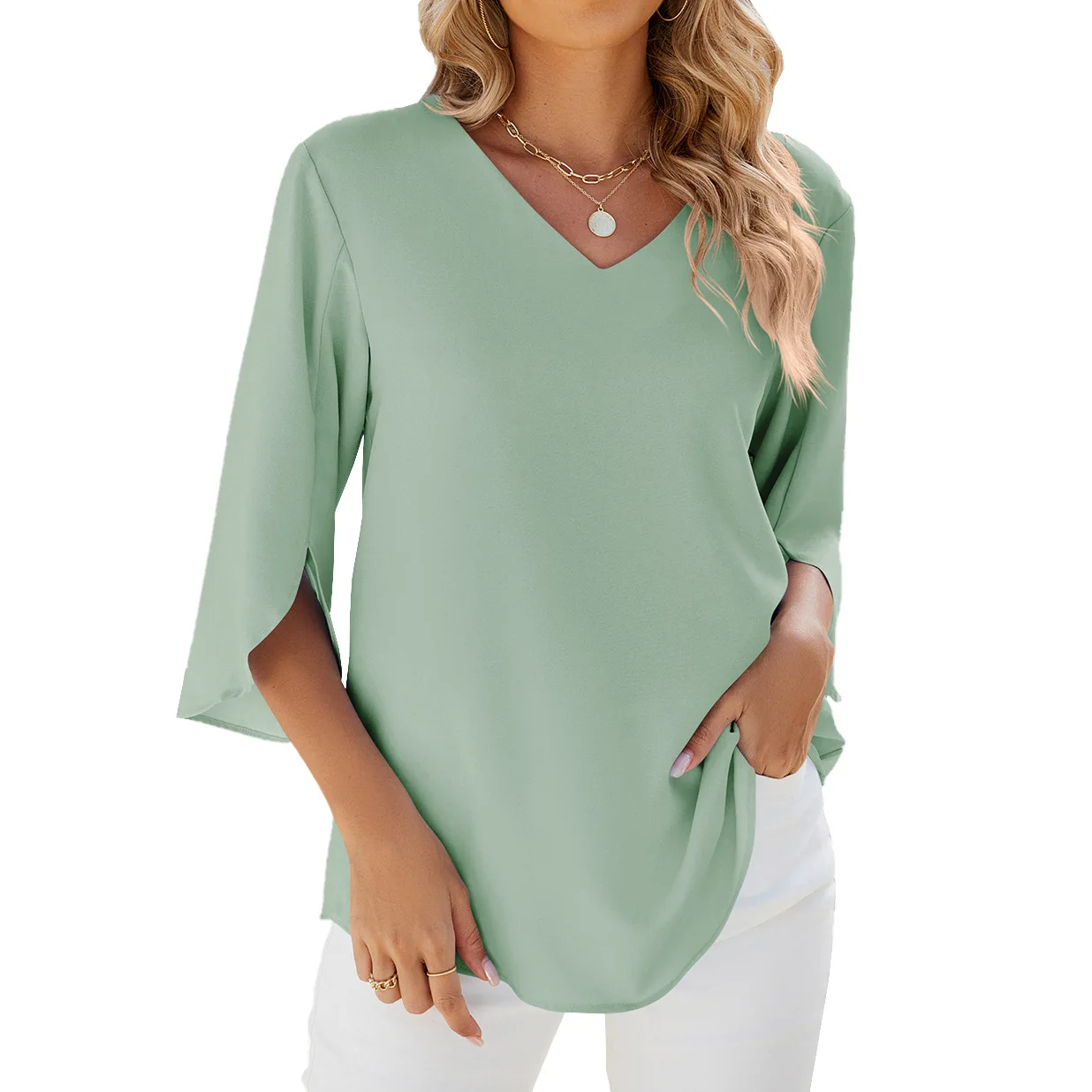 2025 European and American Summer New V-neck Ice Silk Solid Color Loose Casual T-shirt