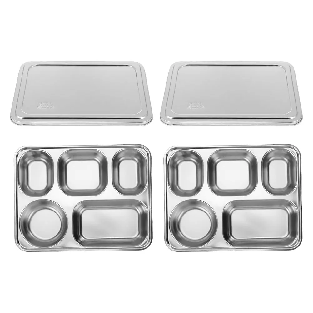 

2 Sets Dinner Plates Stainless Steel Grid Lunch Box with Compartment Cover Silver Food Lids