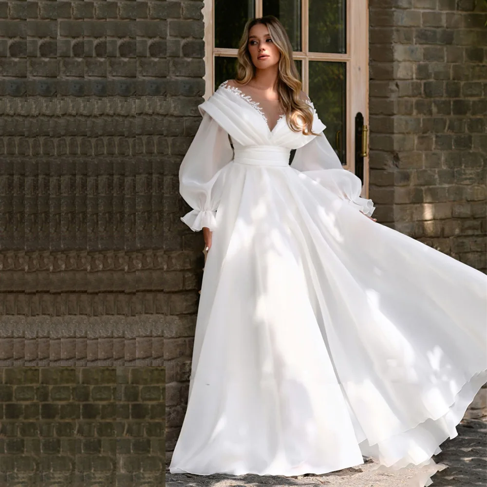 Modern Sheer Neck A Line Wedding Dresses Puffy Sleeve Bead Organza Bridal Gown Button Back Boho Robe De Mariee
