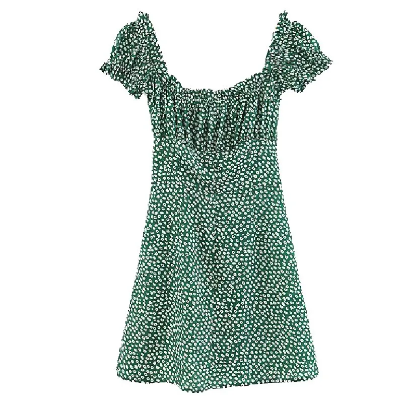 Fashion Short-sleeved Dress Women Slim Floral Button Green Dresses Summer Casual Square Collar Skirt Coquette Woman Y2k Clothes