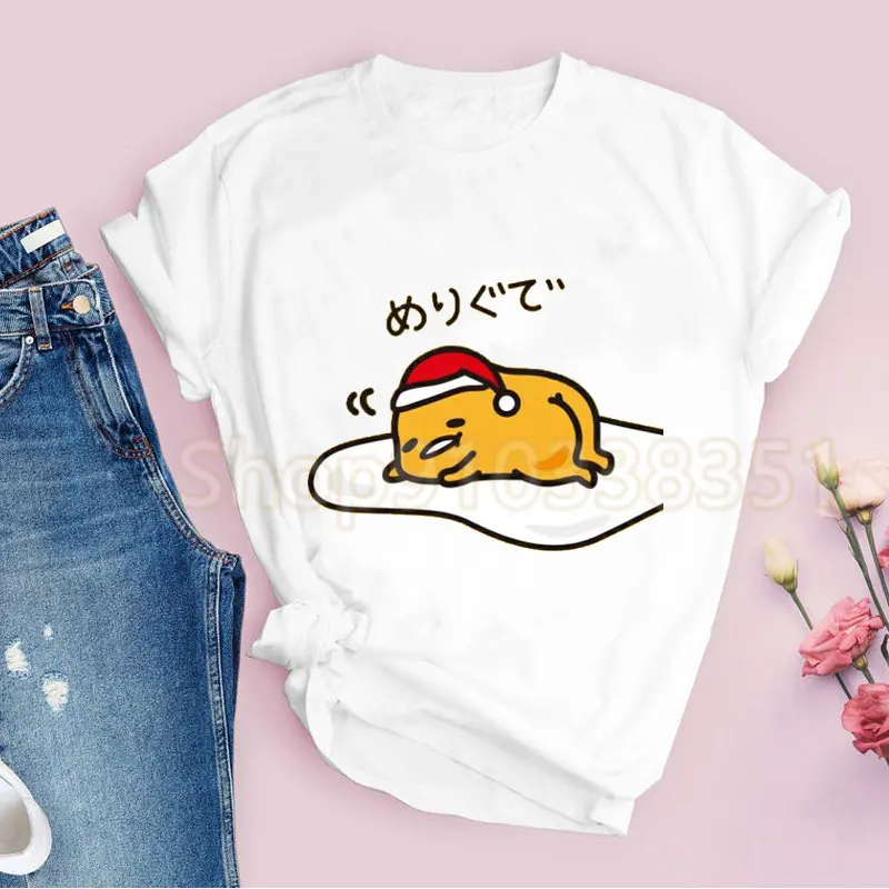 2024 Summer New Harajuku Christmas Gudetama Print Tshirt For Women Short Sleeve Hip Hop White Oversized T-Shirt Y2K Tops