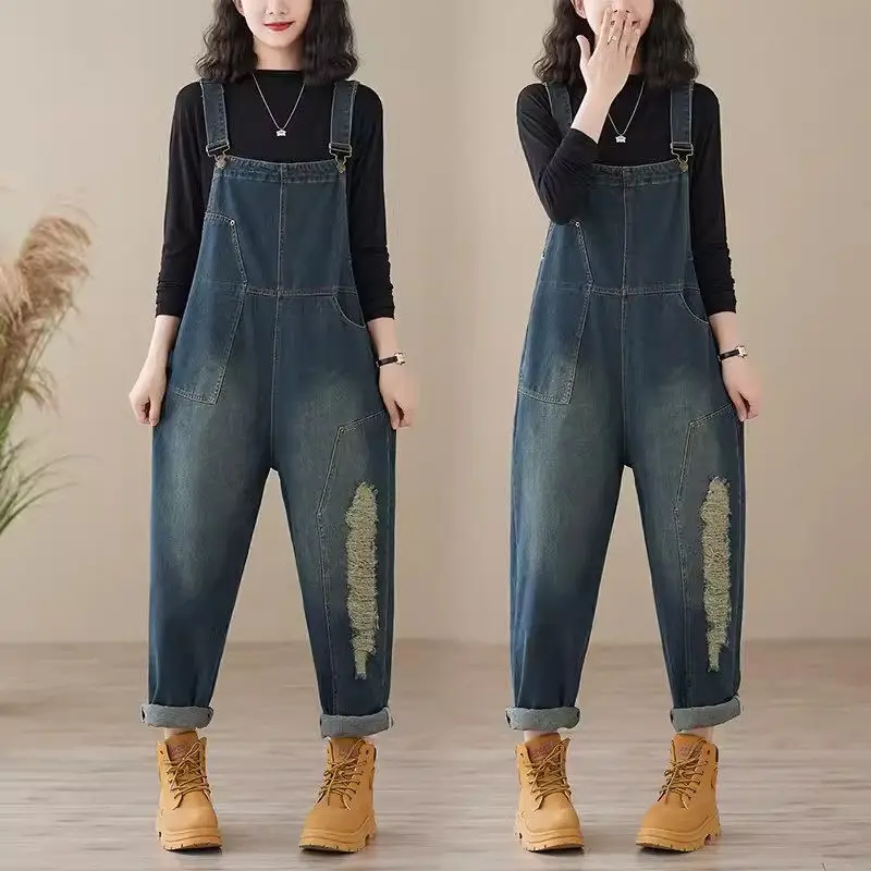 Retro Loose Oversized Denim Overalls For Women 2024 Autumn New Lazy Style Workwear Wide Leg Ripped Pants Jeans Jumpsuit K2333