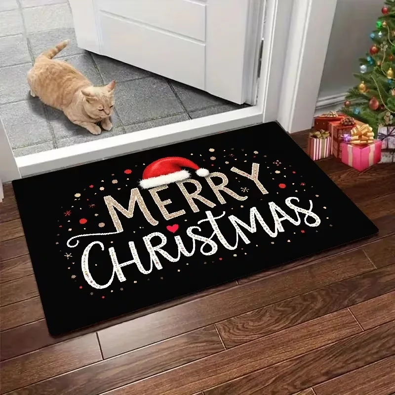 Black Base Merry Christmas Santa Hat Letter Doormat Festive Glitter Print Soft Entrance Rug Indoor Outdoor Xmas Front Door Mat