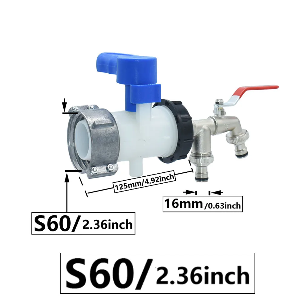 IBC Tank Tap Adapter S60 75mm To 16mm Nipple Rain Bucket Fitting 2-way Hose Tap Quick Connectr Nipple Faucet Alloy Tank