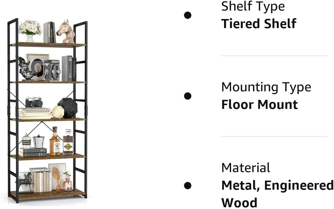 5 Tier Bookshelf, Tall Bookcase, Office Shelf Storage Organizer, Modern Book Shelf for Living Room, Bedroom, and Home Office