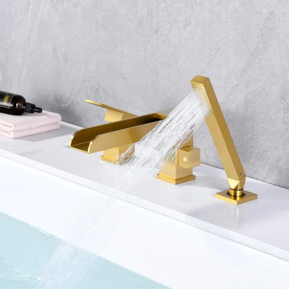 Roman Tub Faucets Deck Mount Brushed Gold Bathtub Faucets Brass Tub Filler Bathroom Faucets with Hand Shower