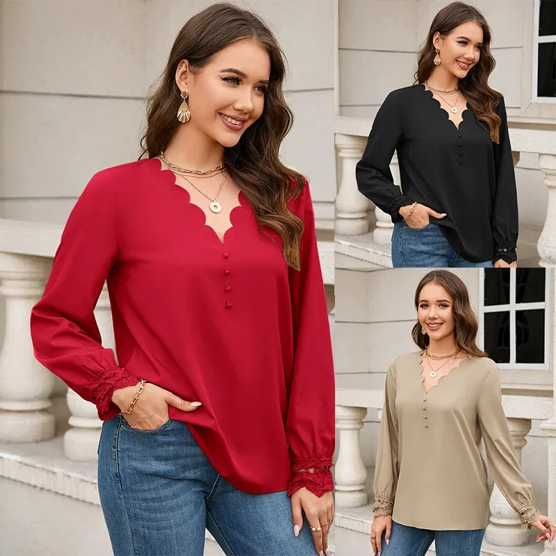 Camiseta holgada de manga larga para mujer, camisa elegante con cuello en V, Color liso, estilo europeo y americano, novedad de verano 2023