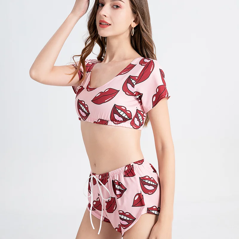 Summer Short Sexy Casual Lips Print Female Sleepwear Suit Pajamas 2pcs Top+Pants Skinng Women Homewear Underwear