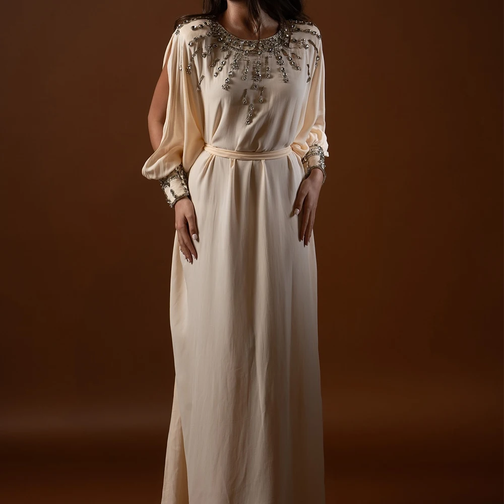 

Customized Modern Jersey Straight Off the Shoulder Crystal Evening Dress Floor Length O-neck Long Sleeves Photo Color Vestidos d