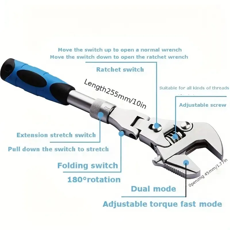 Multifunction 5 In 1 Torque Wrench 10 Inch Adjustable Ratchet Wrench 180 Degree Folding Spanner Mini Spanners Home Repair Tools