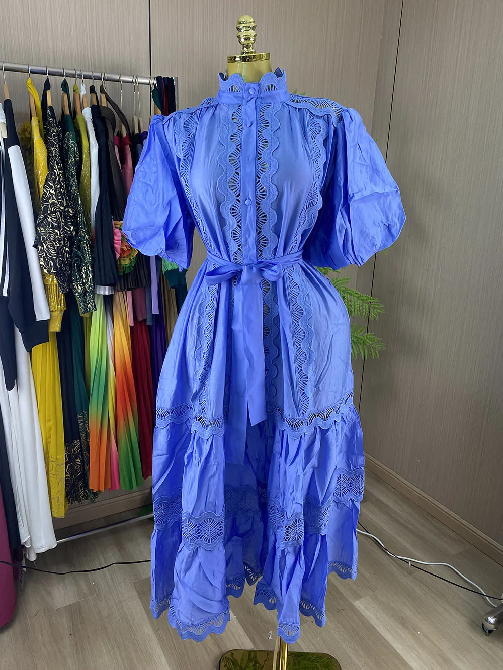 Bohemian-style unique, statement-making short dress – 2026 new collection, featuring puff sleeves and lace detailing.-GZXX400