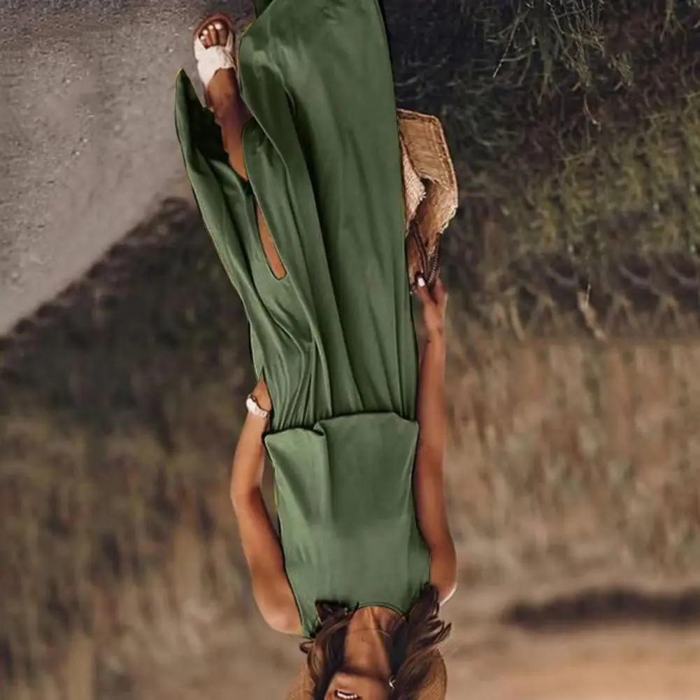 

Solid Color Loose Dress Daily Travel Women Vest Dress Sleeveless Side Slit O Neck Pleated Maxi Dress Casual Loose Cut Dresses