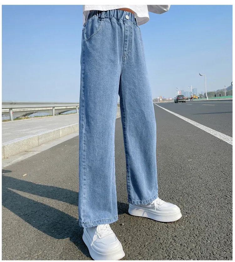 2027 Lässige Jeans für Mädchen, Teenagerkleidung, elastische High-Waist-Denim-Hose mit weitem Bein, Frühlings-Modelle für ältere Kinder, gerade Hose, 5-14 Jahre – Detail 2