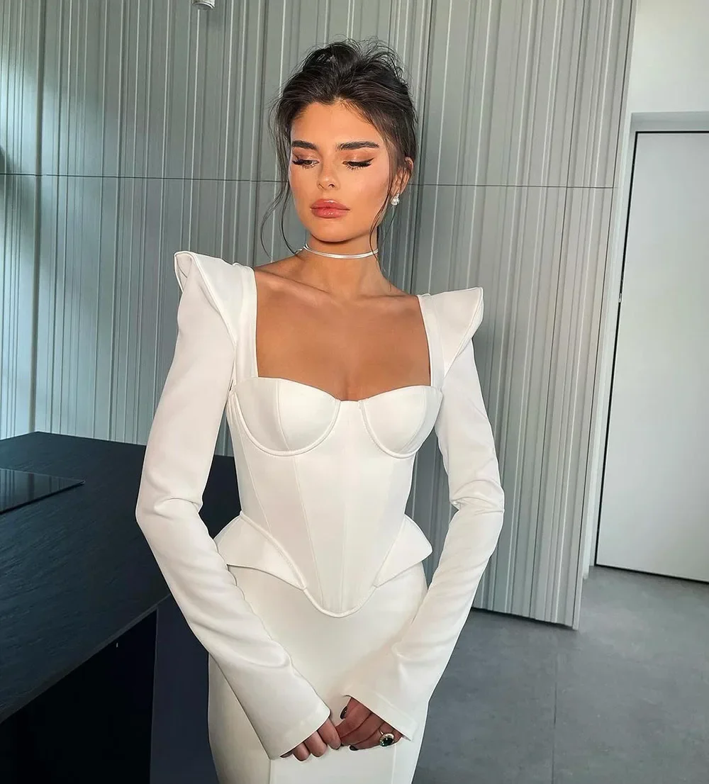 Customized Prom Dresses Long Sleeves Corset Bridal Gowns Arabic Square Neck Brides Dress Custom Made Robe Exquisite High Quality