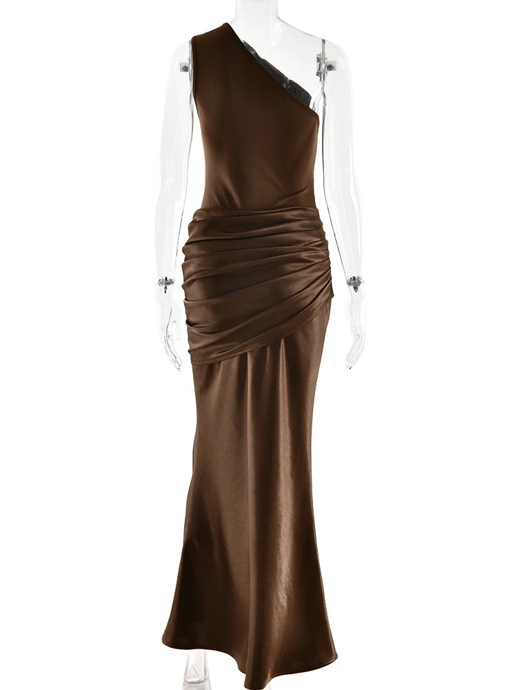 FDYOUI Abito da festa lungo da donna chic con colletto diagonale e monospalla, elegante abito da sera asimmetrico increspato senza maniche