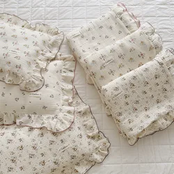 Juego de ropa de cama de 3 piezas, muselina Floral Vintage de algodón para cuna de bebé, funda nórdica de lino, sábana y funda de almohada sin relleno