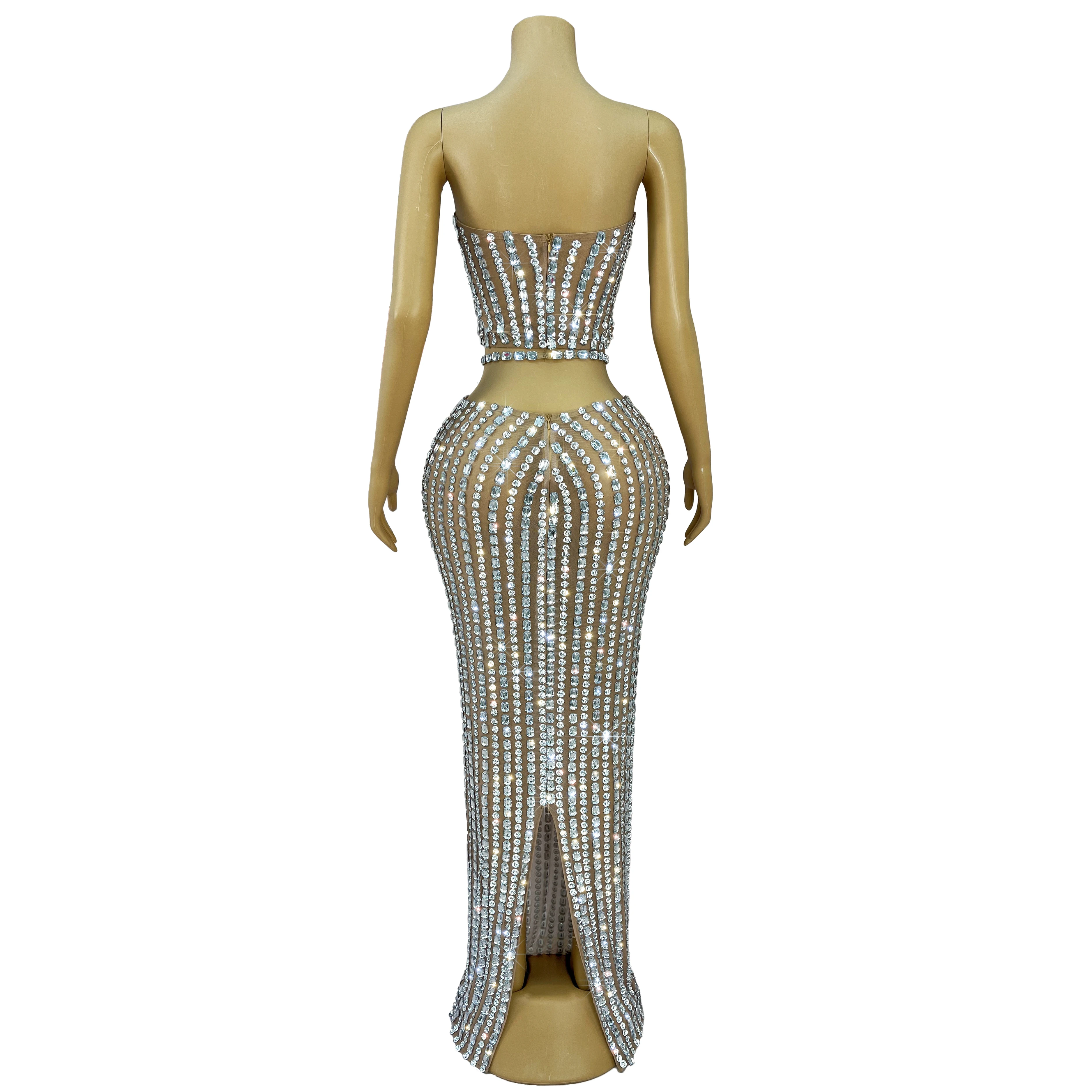 Novo conjunto de cintura oca dividido vestido brilhante strass sexy malha sem mangas roupa festa mostrar tapete vermelho traje palco pingxingx