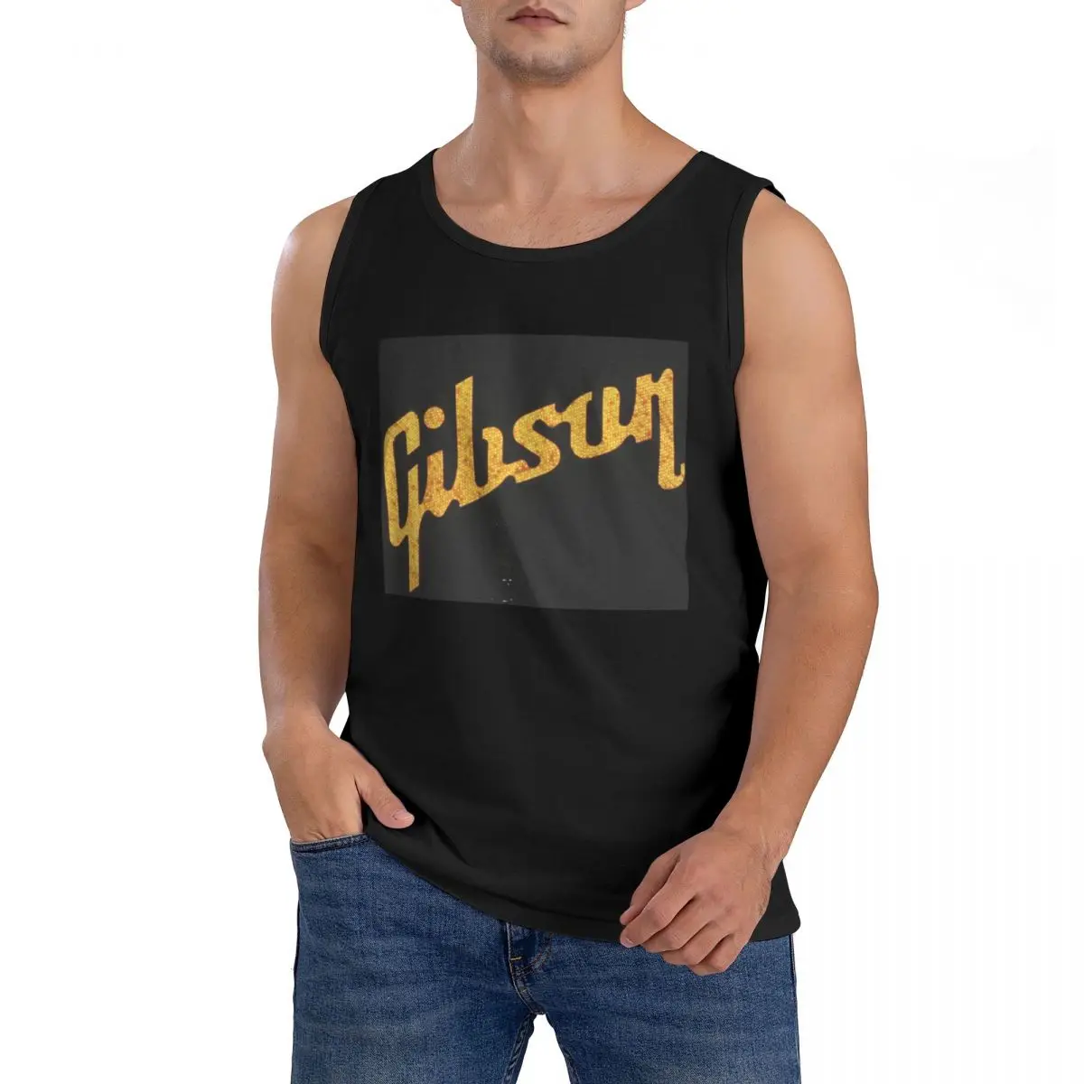 100% Cotton Gibson Music Logo Sleeveless T-Shirt Men Workout Sports Clothing Tops Men's Crew Neck Vest