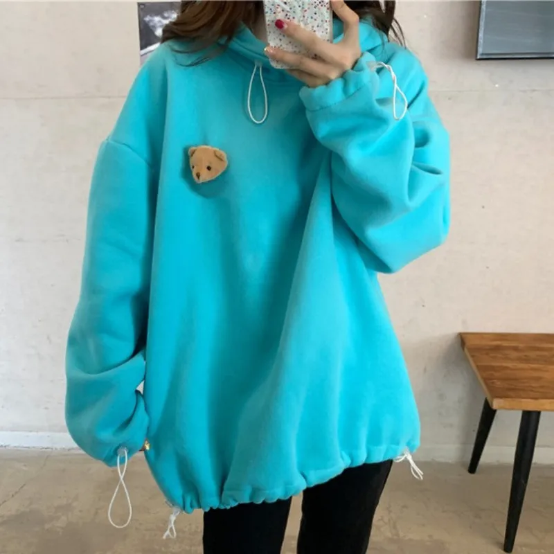 Autumn Hoodies Women Thicken Liner Velvet Bear Toy In Back Big Pocket Warm Soft Hooded Sweatshirt Couple Matching Pullover Top