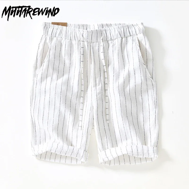 

Летние мужские шорты, дышащие пляжные хлопковые льняные шорты, повседневные полосатые шорты, японские винтажные шорты с эластичной резинкой на талии