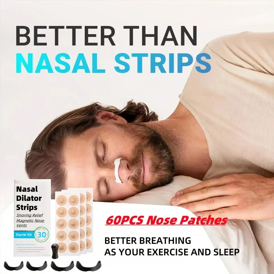

60 PCS Magnetic Nasal Strips for Snoring Relief Stop Snoring Naturally Nose Breathing Dilator for Sleep Sports