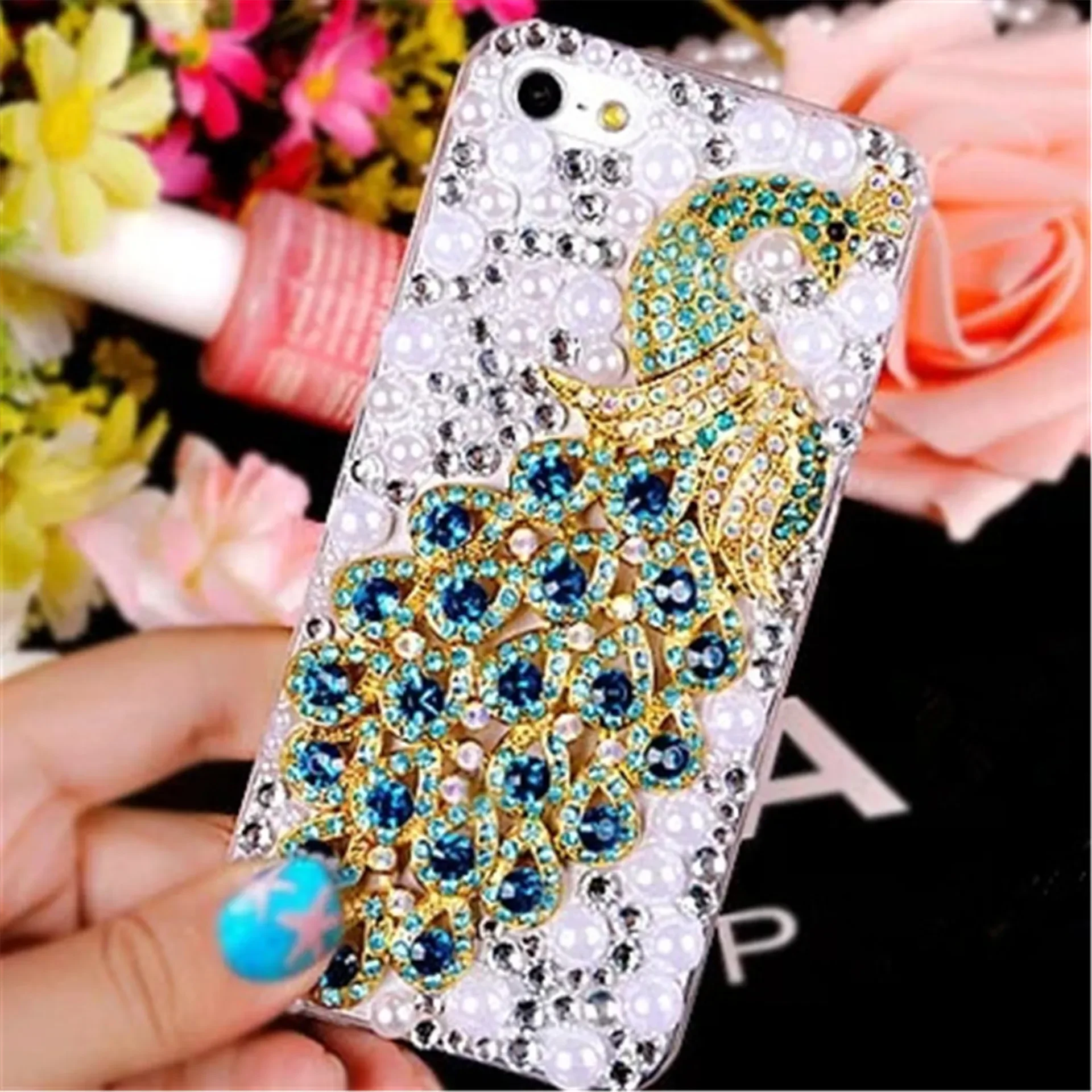 

Soft Cover Case for iPhone, 3D Bling, Crystal Rhinestone, Peacock Flower, Diamond Pearl, Luxury, 16 14, 15, 13, 12, 11 Pro, XS,