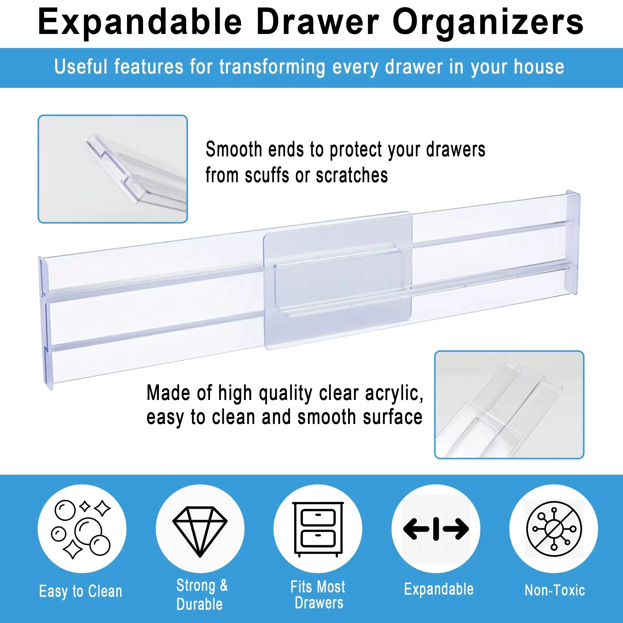 1/2/4/6/8PCS Drawer Wardrobe Dividers Organizers Expandable From Kitchen Drawer Organizer, Clear Plastic Partition Plate Tools