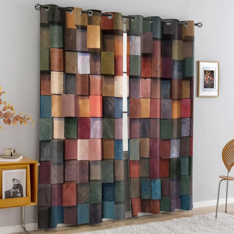 

2Pcs Colorful 3D Wood Block Print Perforated Blackout Curtains, Multi Size Living Room Bedroom Insulation Decoration