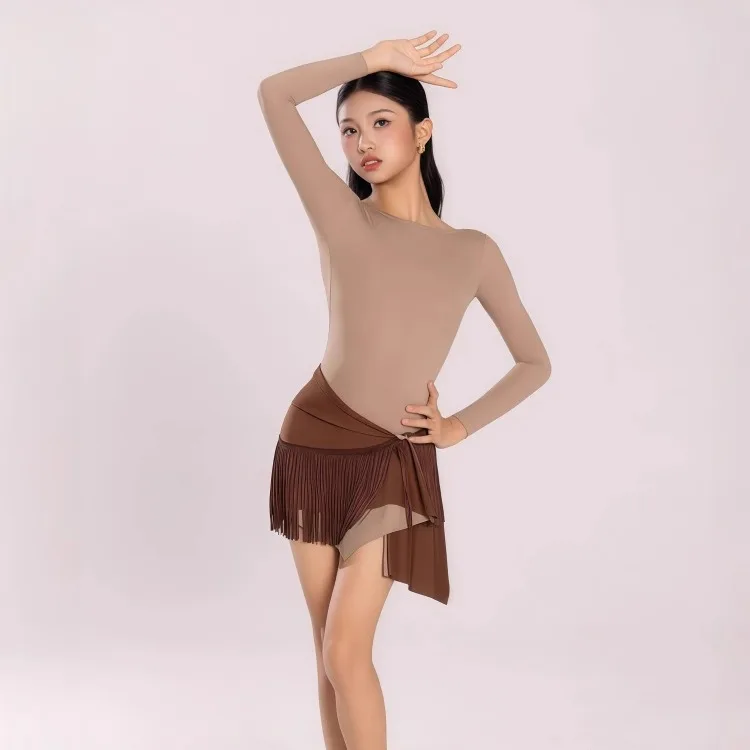 Vestido de baile latino para niñas, ropa de manga larga, conjunto de falda con flecos, traje de competición de baile Cha-cha de salón para niños, Ropa de baile