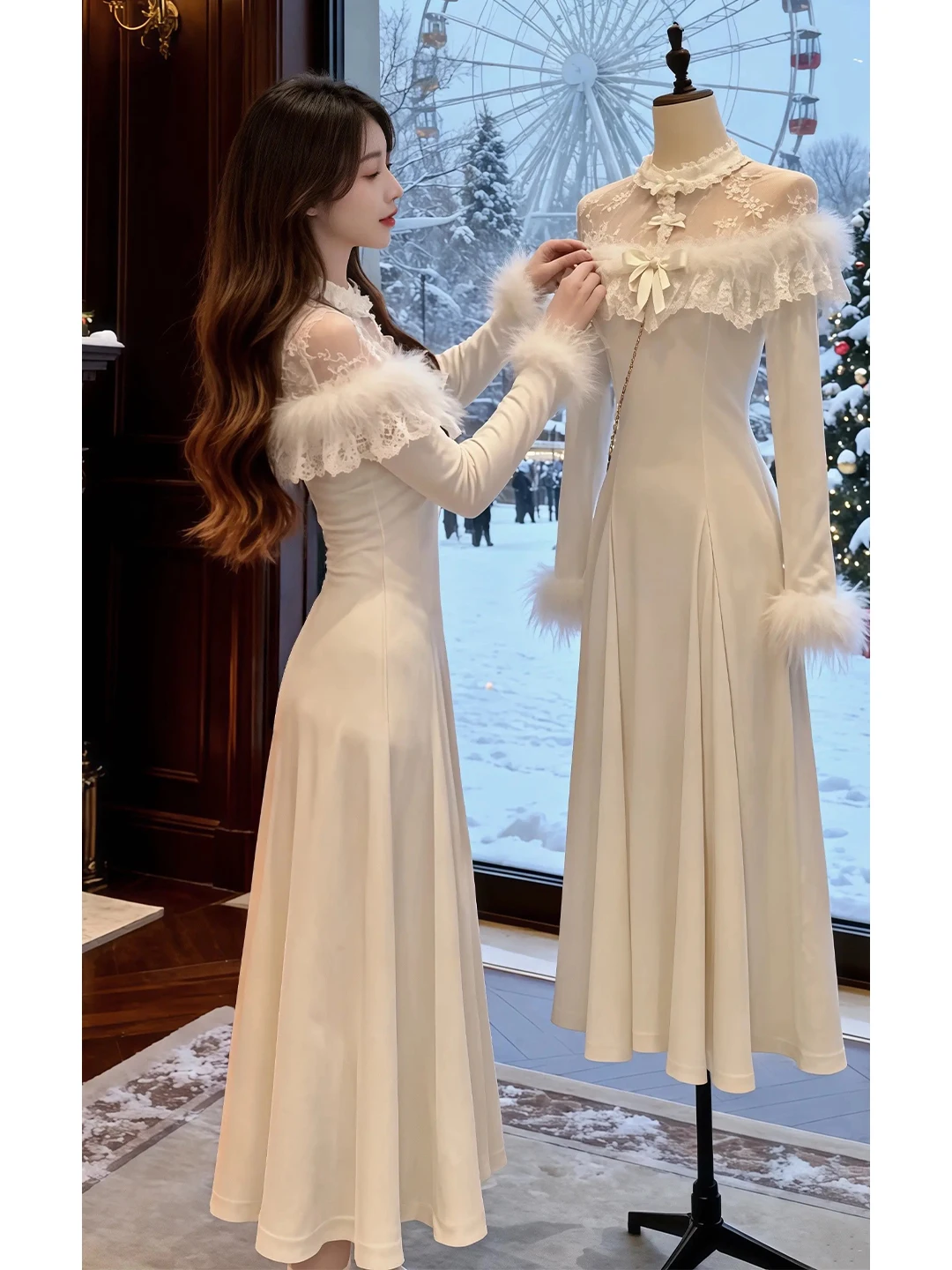 

Ele Lace Splice Dr for Important Ocns Winter High Waist A-Line Skirt Long Sve Comfortable Polyester Fiber