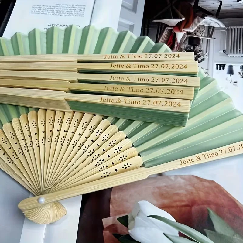6 Sets/10 Sets/20 Sets Personalized Custom Green Paper Bamboo Fans, Fan and Greeting Card Mesh Bag Set, the Preferred Gift for a Fresh Wedding, Bamboo Handheld Folding Fan for the Bride, Bachelorette Party Wedding Bridal Shower Decorations, Bachelorette Party Photo Props, Travel Group Fan, Wedding Decoration, Perfect Summer Accessory, Women's Folding Fan