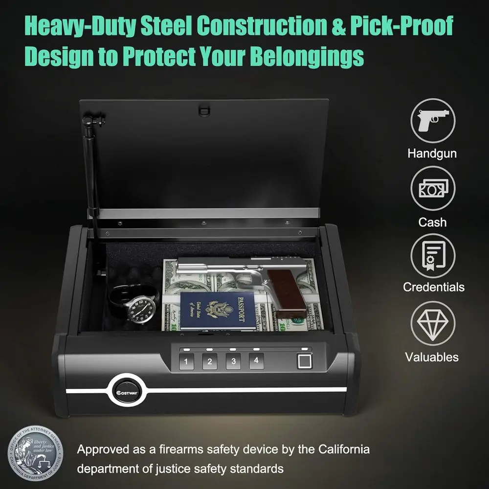 Biometric Fingerprint, Password & Backup Key Quick Access Gun Safe, Heavy Duty Steel, Holds 2 Pistols, Auto-Opening Lid, DOJ App