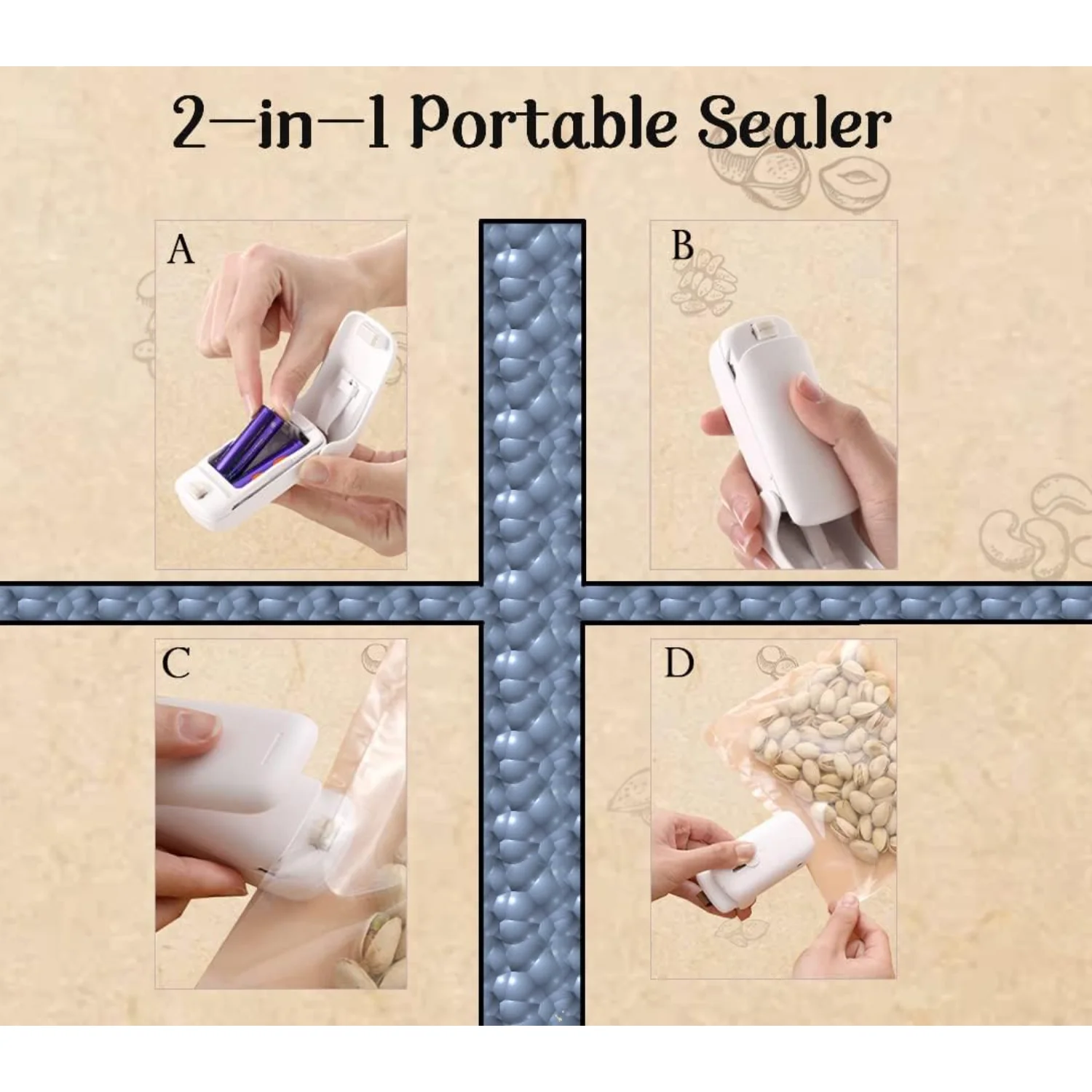 Chip Bag ,  2 in 1 tool that includes   for easy use. This  plastic heat seal vacuum   perfect for sealing Mylar food  bags in t