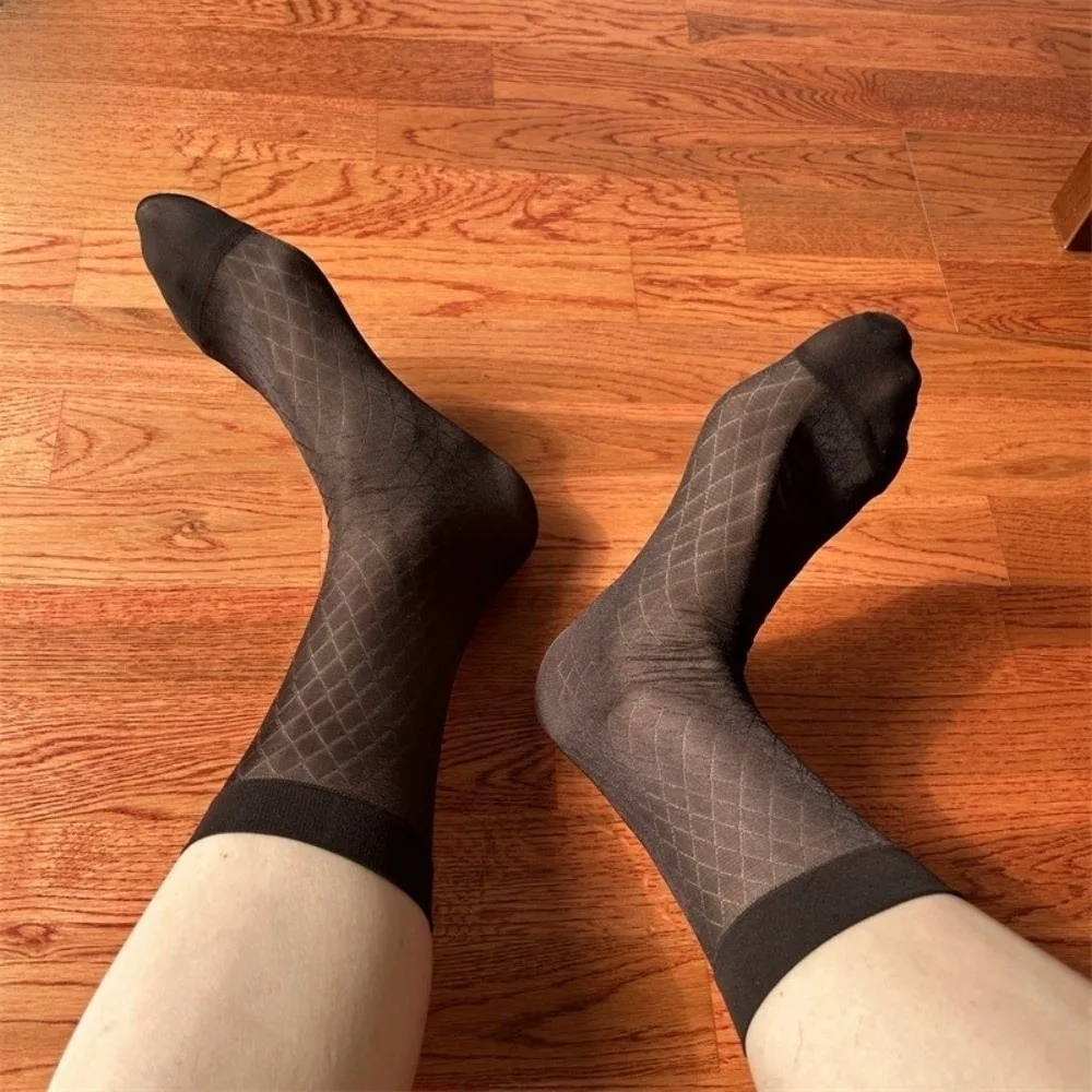 Suit Socks Mid-calf Dress Socks Strip Grid Thin Socks Mesh Thin Men's Socks Gentlemen