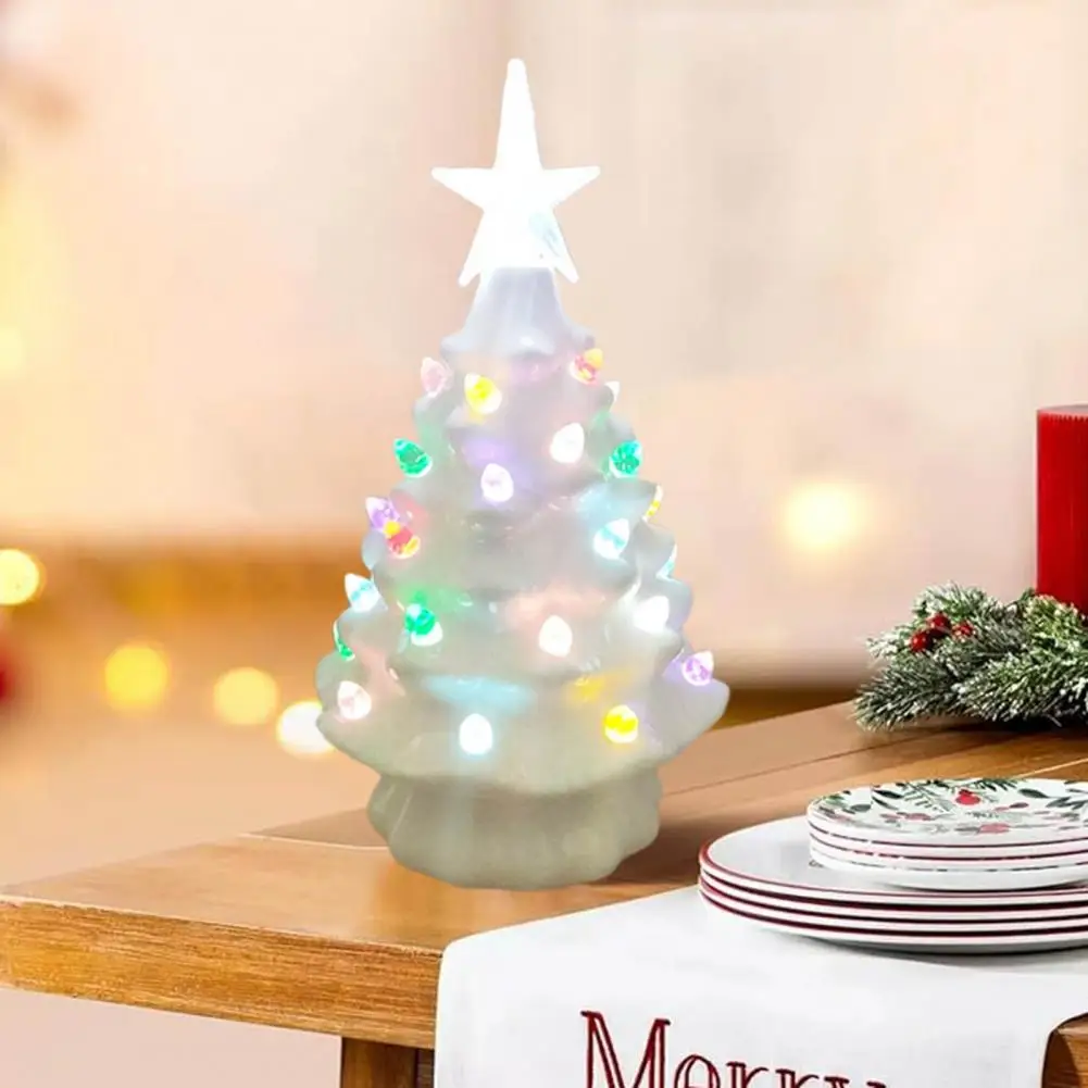 Mini Ceramic Christmas Tree Figurine Colorful LED Light-up Xmas Tree Statue Sculpture Home Office Desktop Ornament Decoration