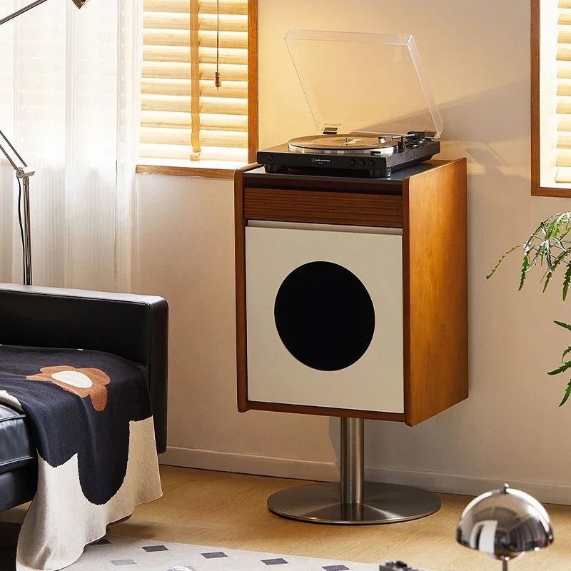 Lifting rotating bedside table Small apartment vinyl record storage Medieval chest