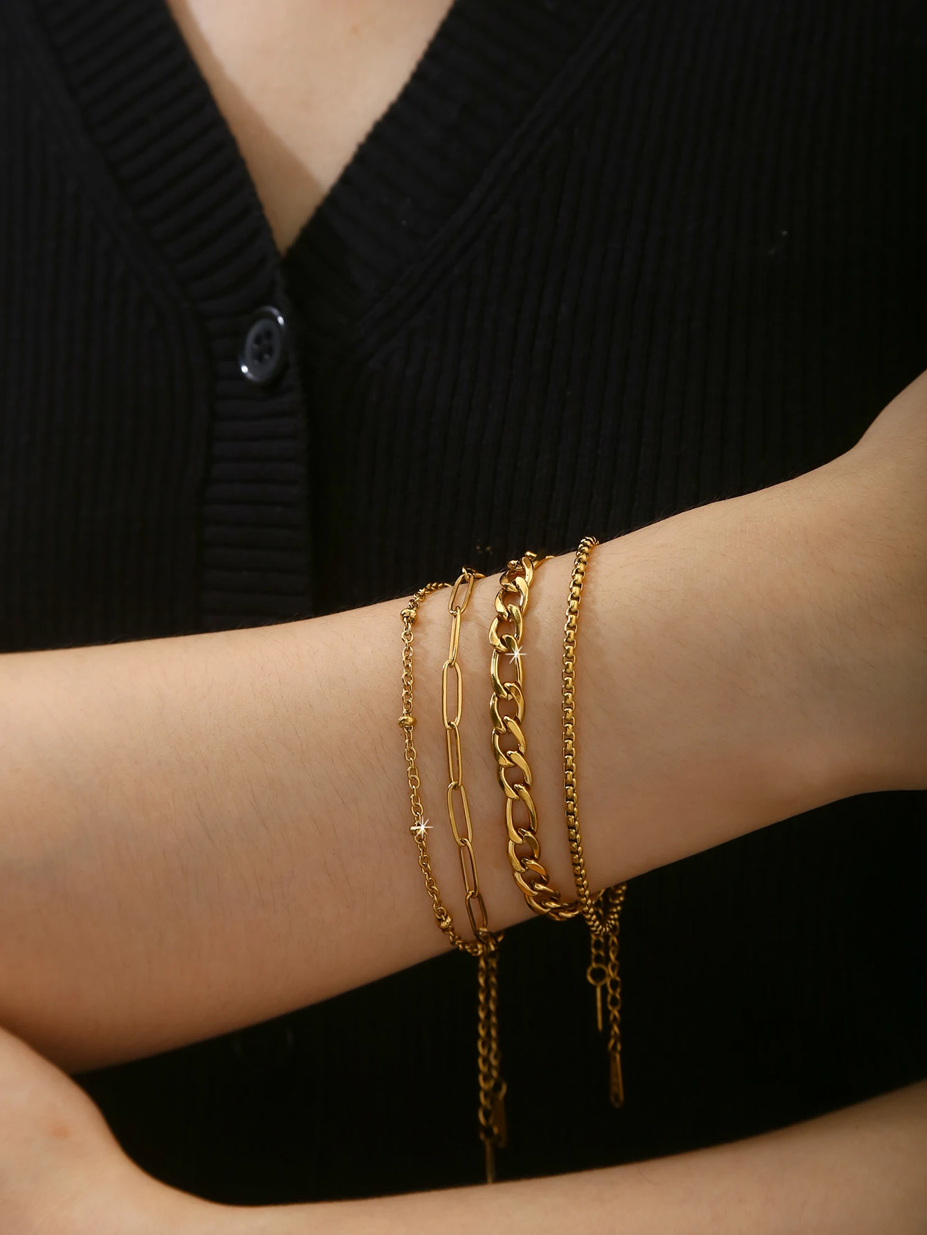 1Pc Unique Hip-Hop Minimalist High-End Versatile Unisex Multi-Chain Stackable Plain Bracelet, 18K Gold Plated Stainless Steel