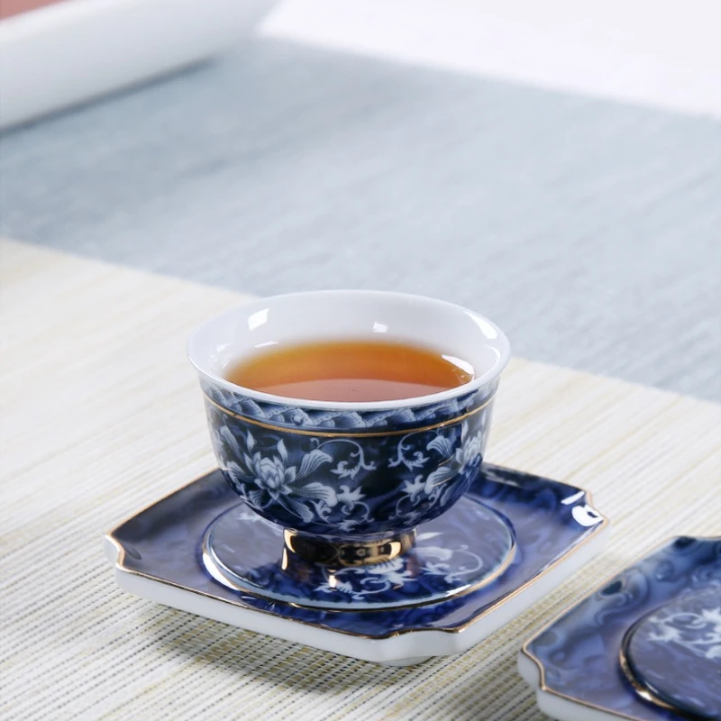 كوب رئيسي عتيق، 1 فنجان شاي بورسلين أزرق وأبيض، وعاء شاي صغير، طقم كونغ فو من السيراميك، وعاء شاي ذهبي الحواف، كوب واحد #2