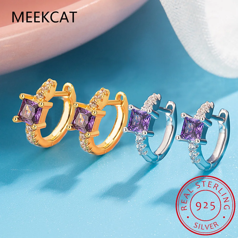Square Natural Purple Amethyst 925 Sterling Silver Geometric Hoop Earring for Women Princess Cut Gemstone Jewelry Wedding Gift view 5