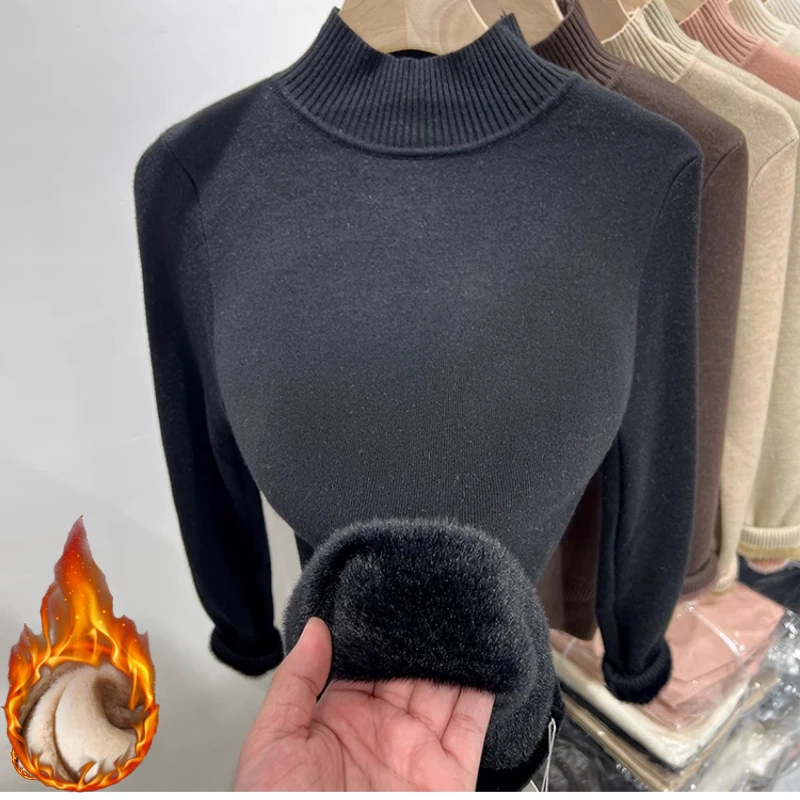 

Осенне-зимний свитер, женский пуловер, тонкий толстый теплый плюшевый джемпер на бархатной подкладке, корейский полуводолазка, мягкие вязаные топы