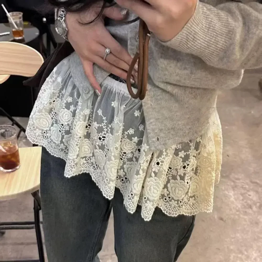 Rok Renda Tumpang Tindih Satu Potong Korea Wanita Musim Panas 2025 Rok A-Line Pendek Celemek Rok Kasa Berlapis Renda dengan Dasi