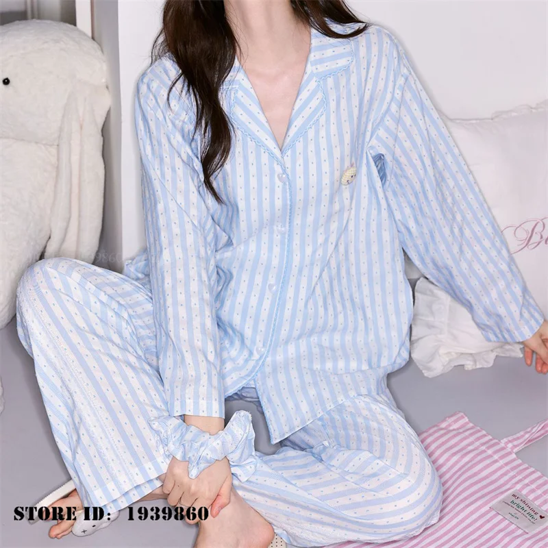 Spring Autumn New Cotton Pajamas 2Pcs Set Loungewear Korean Style Stripe Cartoon Sleepwear Trouser Suits Loose Casual Homewear